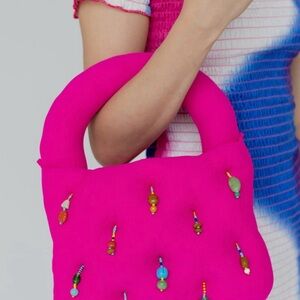Vibrant Hot Pink Beaded Handle Shoulder Bag